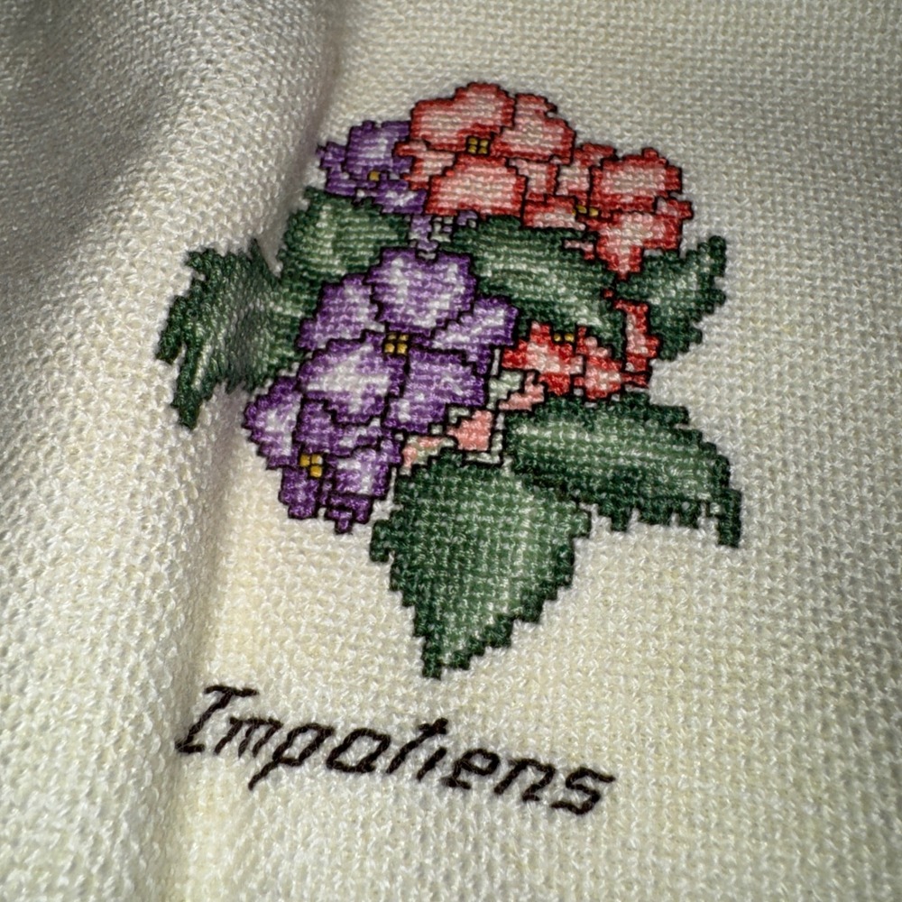 Vintage Botanical Floral CrossStitch Woven Throw Blanket Cream Cottagecore - Picture 3 of 14